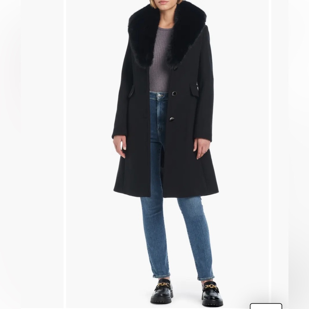 Kate Spade Black wool Fur Collar Coat size large ike new - Picture 5 of 12